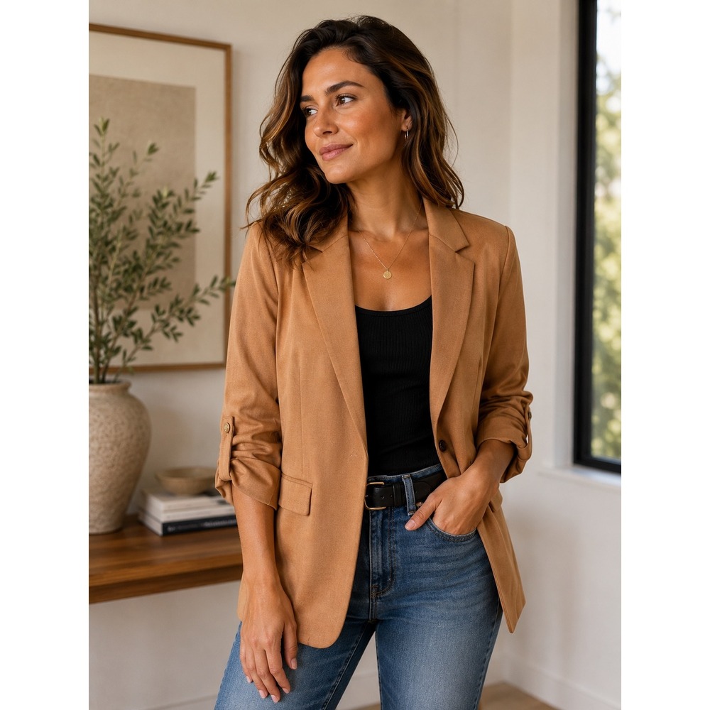 Skies Are Blue Camel Tan Open Front Blazer 3/4 Tab Sleeve XL